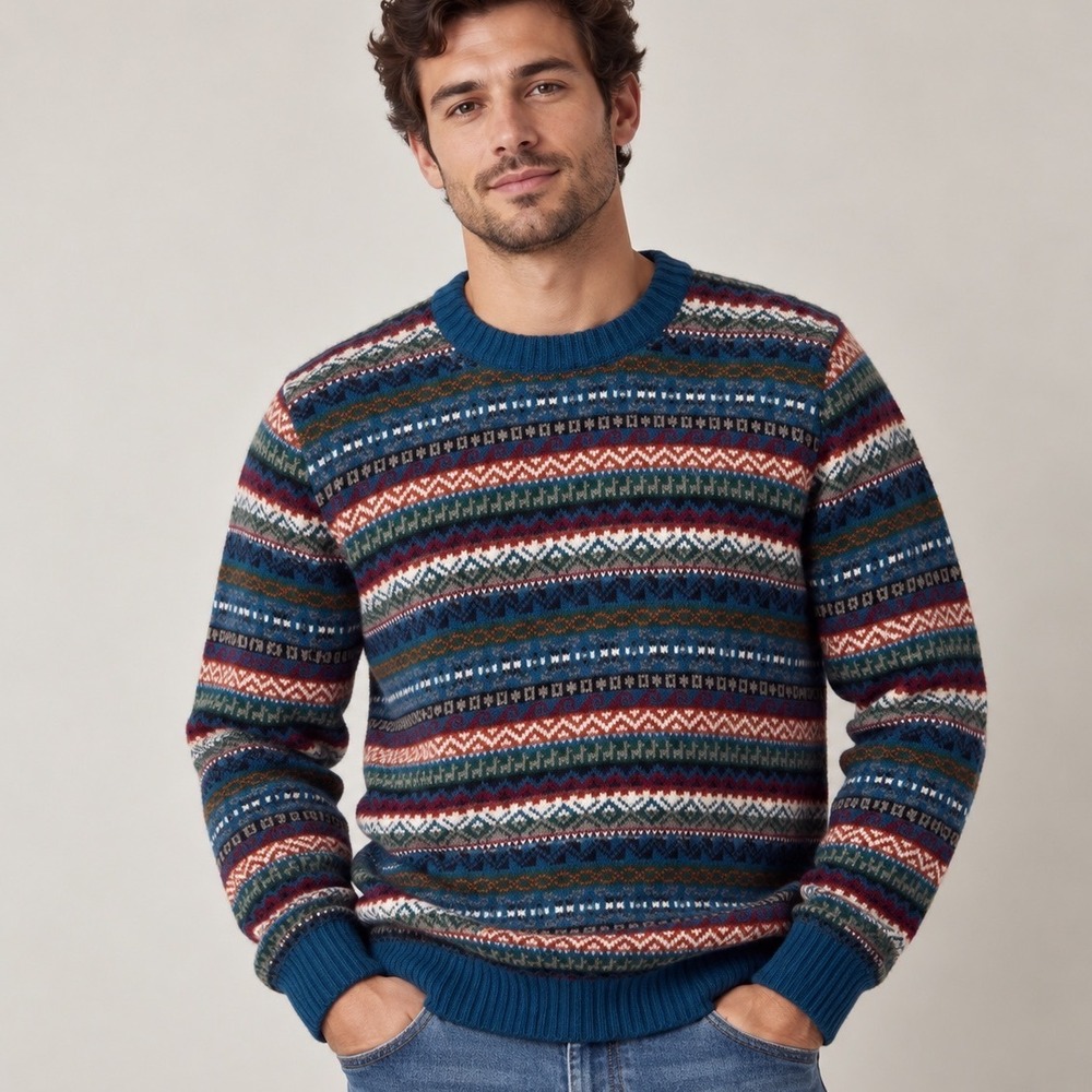 Peruvian Alpaca Crewneck Sweater Mens XL Multi Fair Isle Knit Gorp Cabin Cozy